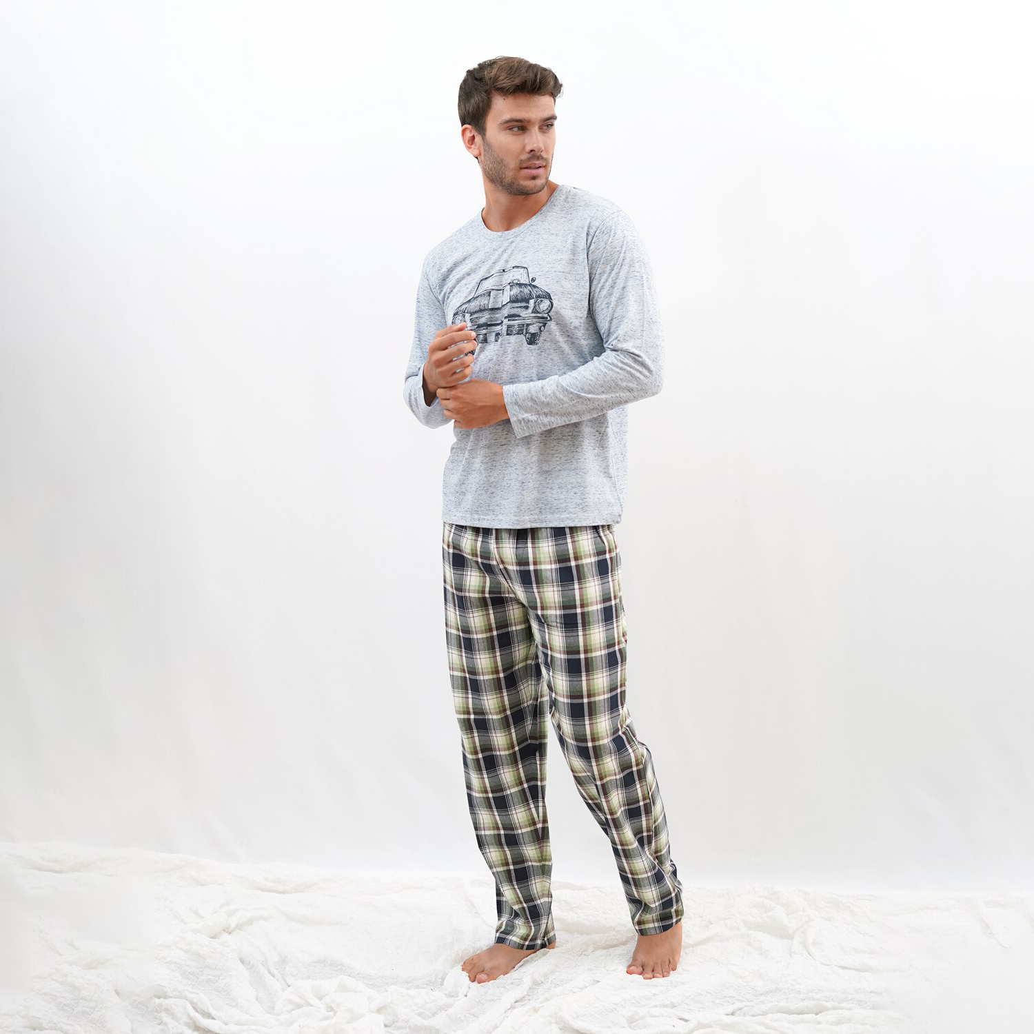 Men's pajamas-men's pajamas 100% cotton✨-Long men's pajamas with plaid print