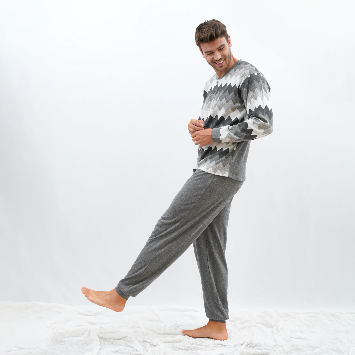 Pijama de hombre – Pijama de hombre algodón estampado ✨ - Conjunto de pijama de hombre de invierno con cenefa