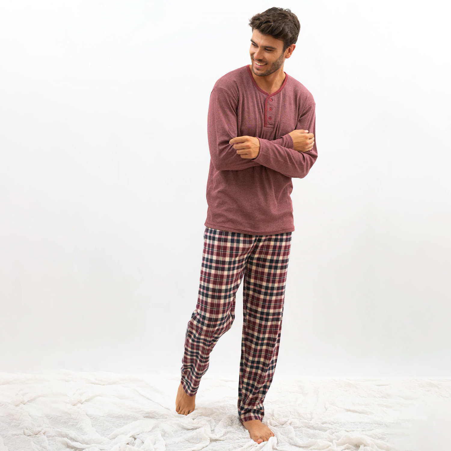 Pijama de hombre – Pijama de hombre 100% algodón ✨ - Pijama de hombre largo con estampado de cuadros