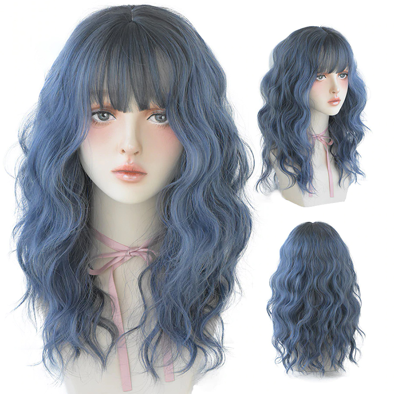 7JHH WIGS Blue Deep Wave Wig With Bangs For Women Long Omber Brown Hair Layered Heat Resistant Cosplay Party Synthetic Wig