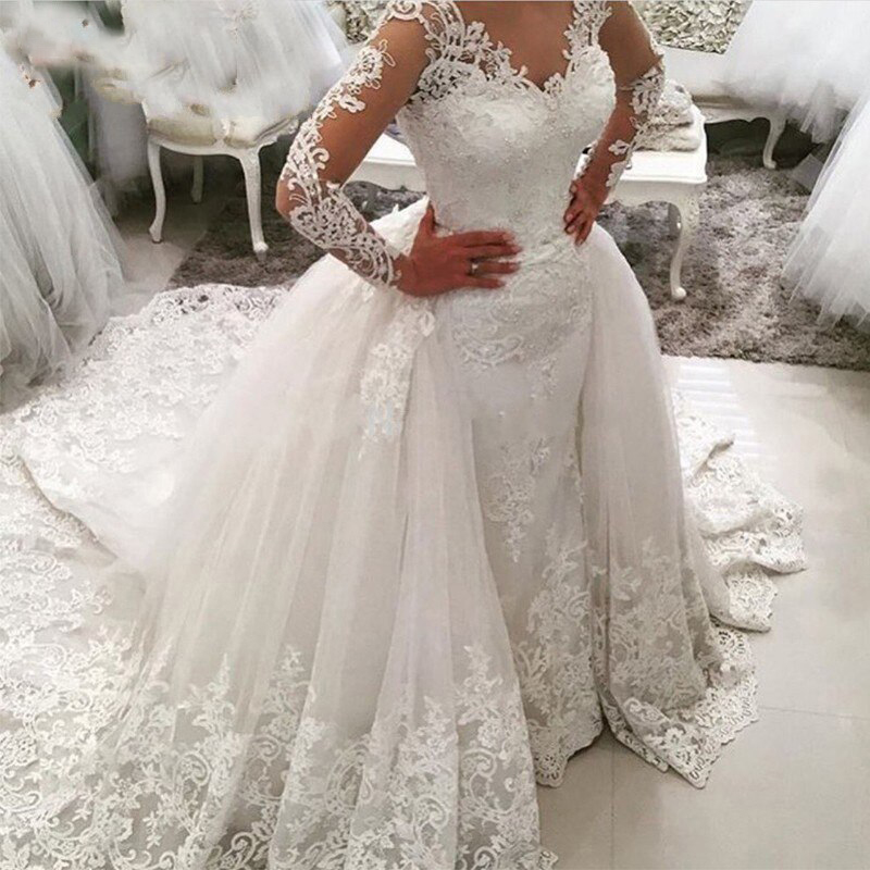 MYYBLE 2020 Luxury Lace Long Sleeve Mermaid Wedding Dress with Detachable Skirt Backless Court Train Saudi Arabia Bridal Wedding