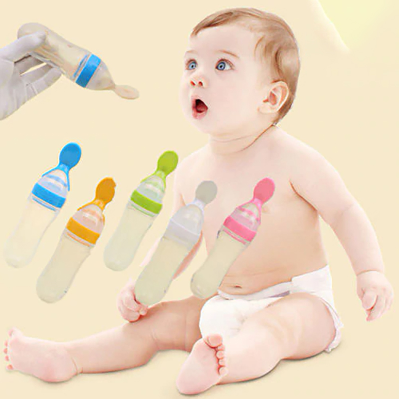 90ML Lovely Safety Infant Baby Silicone Feeding With Spoon Feeder Food Rice Cereal Bottle For Best Gift