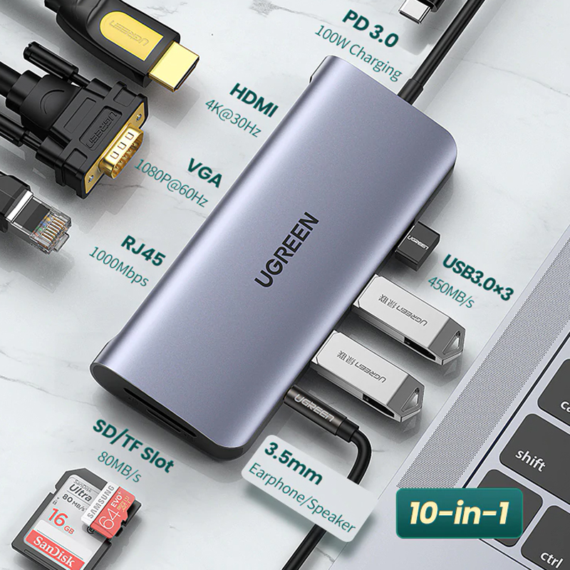 UGREEN USB HUB C HUB HDMI Adapter 10 in 1 USB C to USB 3.0 Dock for MacBook Pro Accessories USB-C Type C 3.1 Splitter USB C HUB