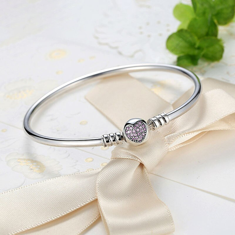 BAMOER Authentic 100% 925 Sterling Silver Snake Chain Heart Bangle & Bracelet Luxury Jewelry PAS904