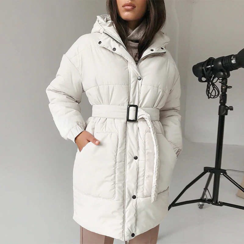 Simplee Fashion white waist band women winter coat Elegant v-neck long cotton female parkas Causal warm coat with hat 2020