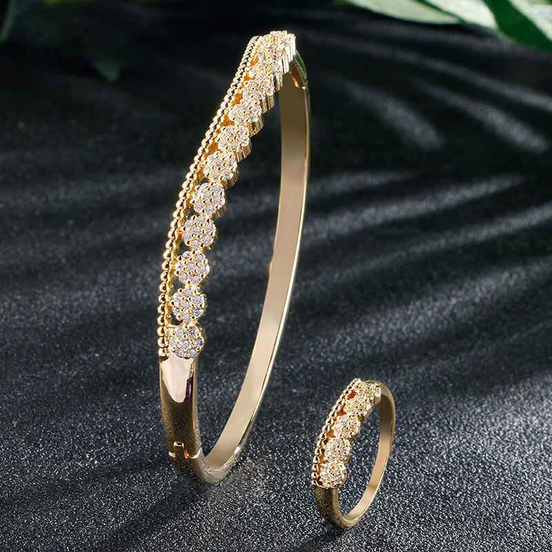 ZAKOL Ethnic Style Cubic Zirconia Hollow Flower Bride Jewelry Bracelet Ring Set for Women Wedding Dinner Party Birthday FSSP3112