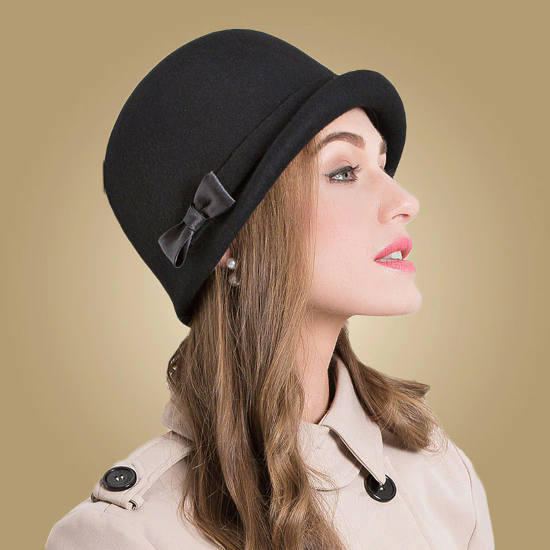 FS Black Wool Felt Fedoras Hat For Women Elegant Church Cap Pink Bow Curl Birm Ladies Cloche Hats Winter Floppy Bowler Caps