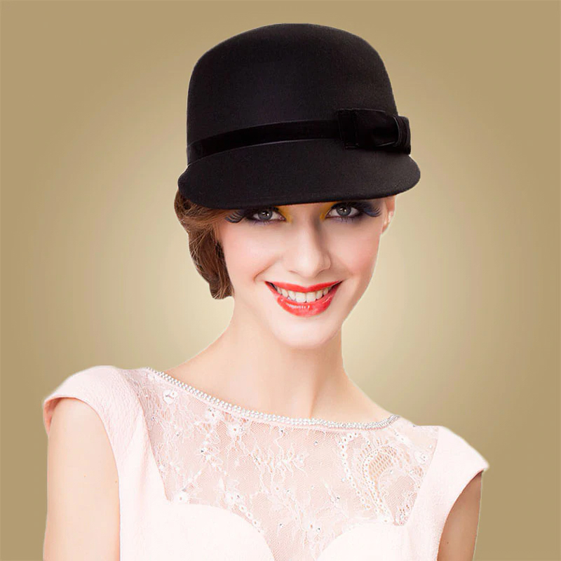 FS Black Wide Brim Felt Hat Australian Wool Fedora Hats For Women Ladies Cloche Bowler Caps Derby Church Hats Chapeau Femme