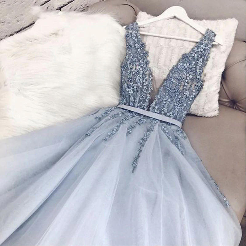 Smileven Sky Blue 2020 Evening Dresses A-line Sleeveless Tulle Appliques Pearls Slit Dubai Saudi Arabic Long Evening Gowns Plus