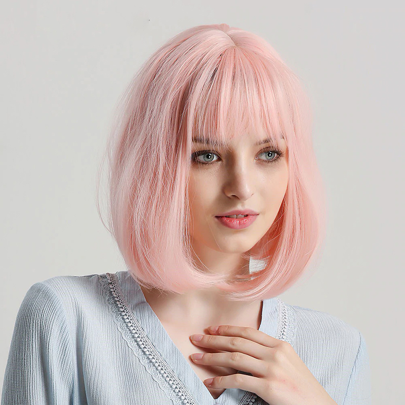 JONRENAU 12 inches Short Straight Synthetic Bob Wigs with Bangs for Women Fashion Pink Party Wig or Cosplay