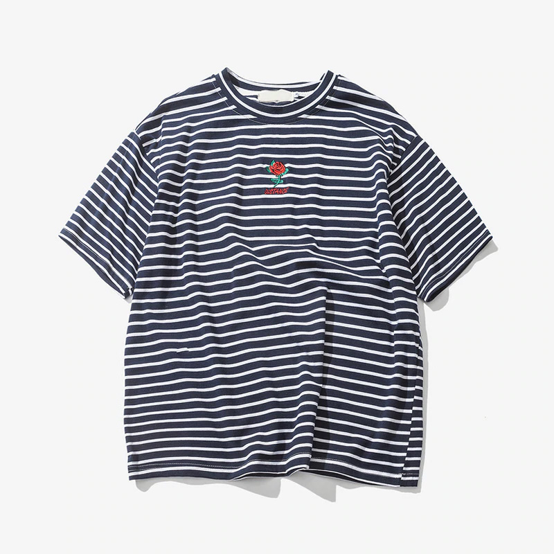 Dark Icon Rose Embroidery Striped Mens T-shirt Short Sleeve 2019 Summer Hi-street Oversized Hip Hop Tshirt Cotton Tee Shirts