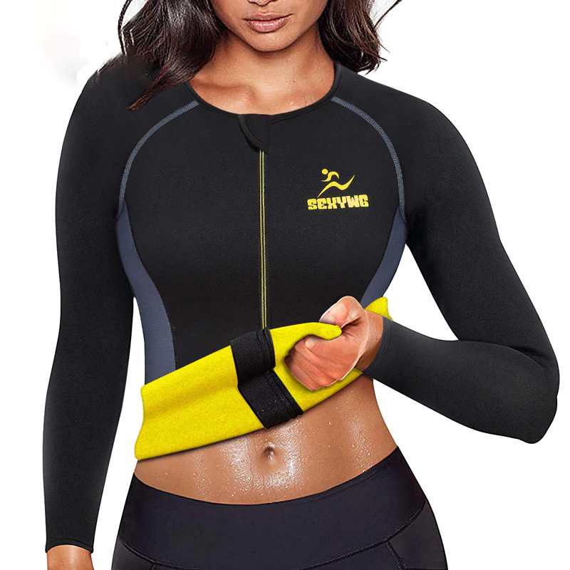 SEXYWG Slimming Body Shaper Fitness Tight Women Neoprene Sauna Suit Waist Trainer Shapewear Zipper Yoga Shirt Long Sleeve Blouse