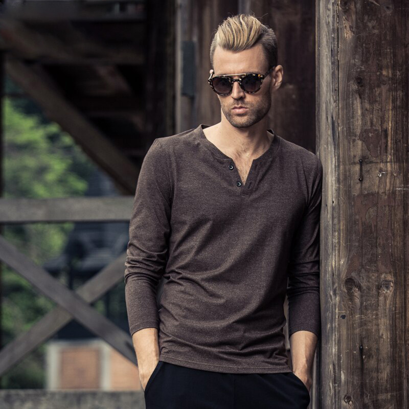 Enjeolon Brand Men Long sleeve Casual T Shirts Men Solid T shirt V neck Cotton T-Shirts Men Casual Tops Tee Male RS1654-1