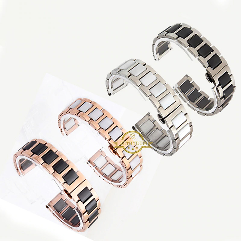 Ceramic bracelet in stainless steel watchband watch strap women man wristwatches band 12 14 16 18 20 22mm white Butterfly buckle