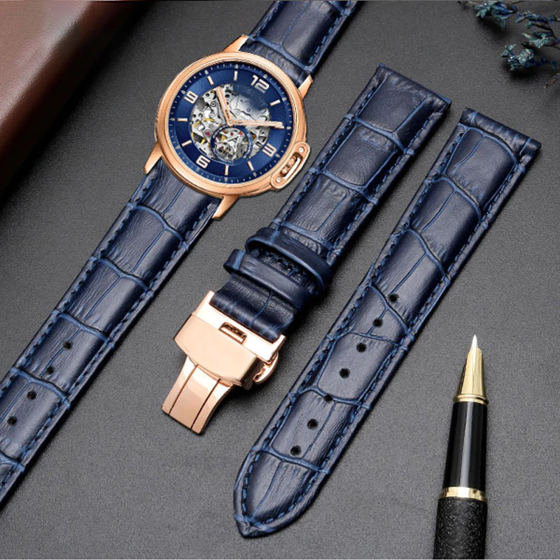 Genuine leather bracelet dark blue color watch strap Butterfly Clasp watchband sized in 12 14 16 18 20 21 22mm 23mm watch band