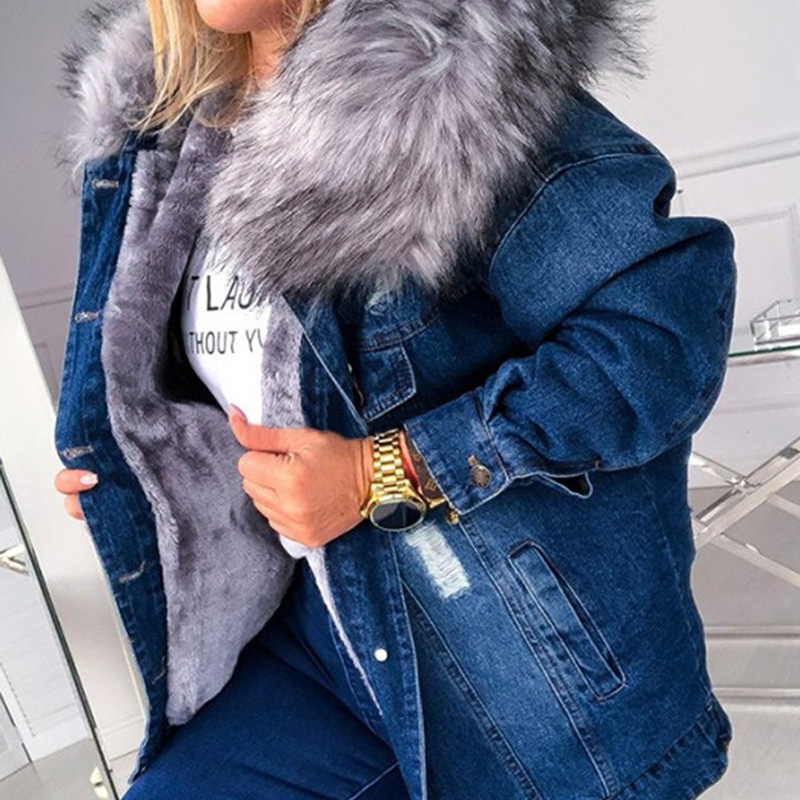 Women's Denim Jacket Warm Outerwear Autumn Winter Female Clothes Hooded Overcoat Button Down Streetwear Aesthetic Faux Fur Coat