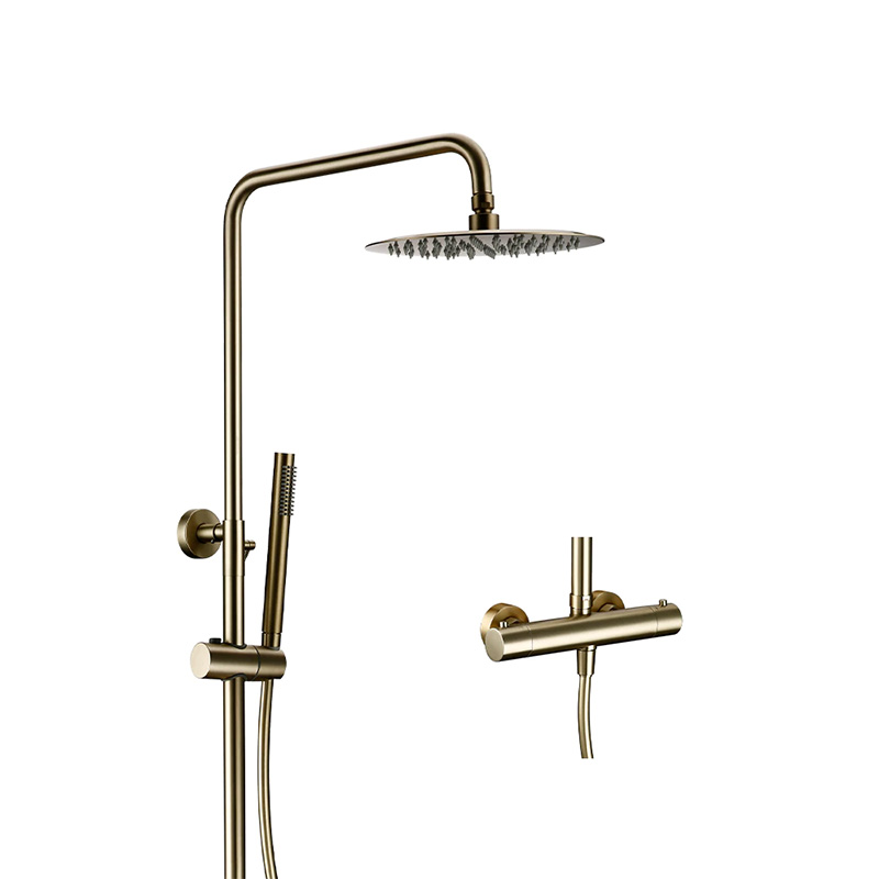 Thermostaic Temperature Bathroom Faucet Brushed Gold Brass Wall-Mount Rain Shower Head Hand Sprayer Two-Function Hot Cold Mixing