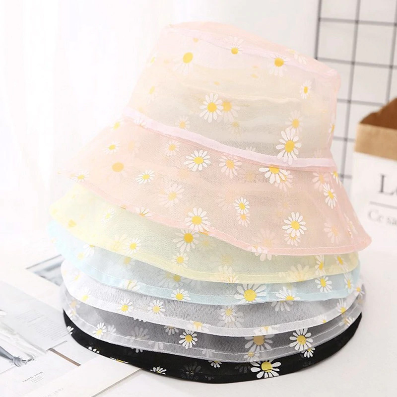 데이지 꽃 태양 모자 여성 꽃 비치 파나마 투명 메쉬 버킷 모자 패션 데이지 여름 플로피 걸스 와이드 브림 캡
