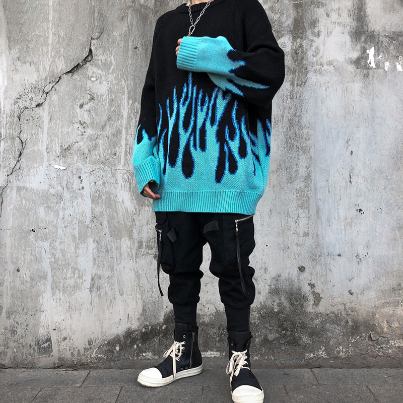 DARK ICON Blue Flame Sweater Me 2019 Winter Streetwear Men's Sweaters Pullover Knitwear Sweater for Men
