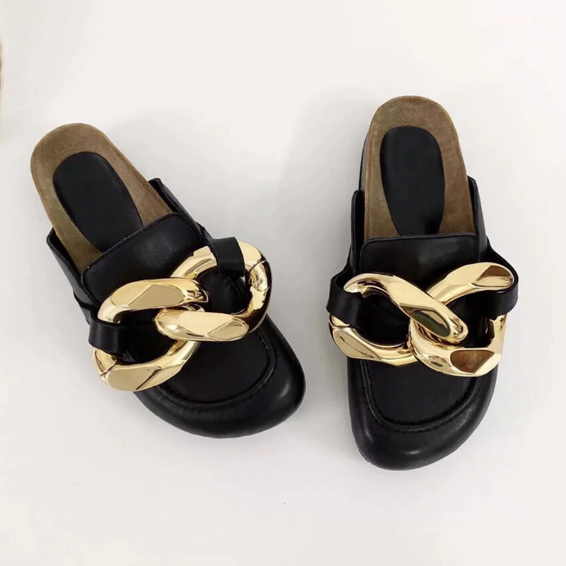 SUOJIALUN Brand Design Women Slipper Fashion Big Gold Chain Sandals Shoes Round Toe Slip On Mules Flat Heel Casual Slides Flip F