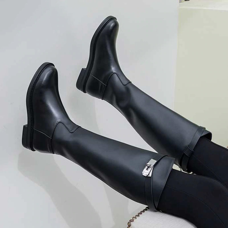 krazing pot Winter round toe cow leather metal buckle decoration keep warm plus size thick low heels riding knee-high boots l13