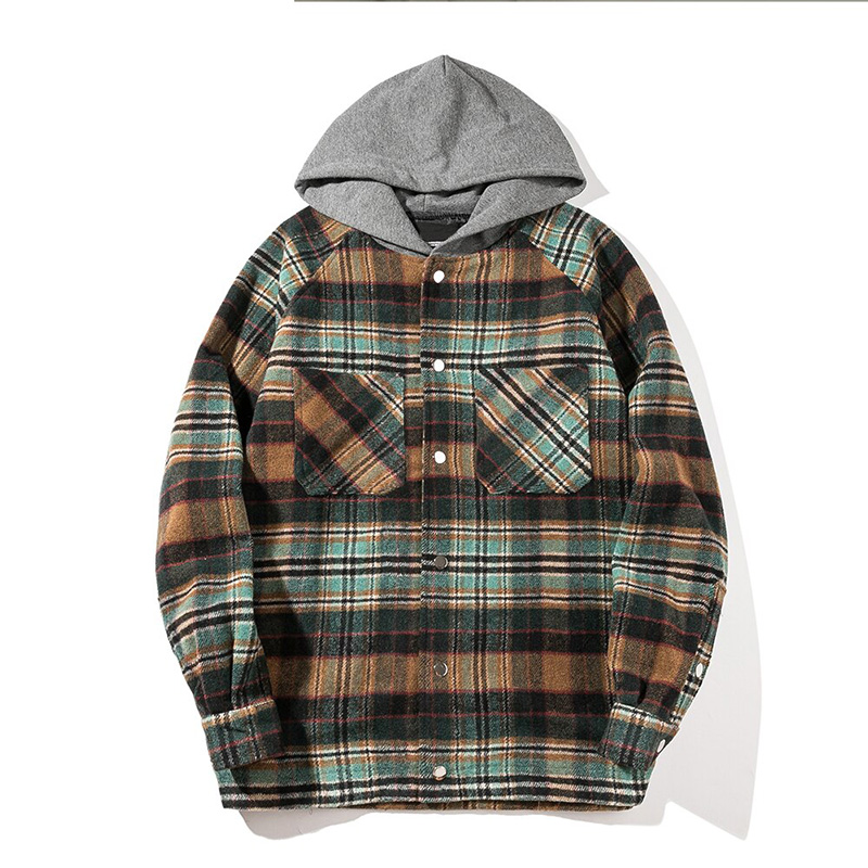 Dark Icon Plaid Patchwork Woolen Jackets with Hoodie Checkered Thin Hooded Jacket Men High Street