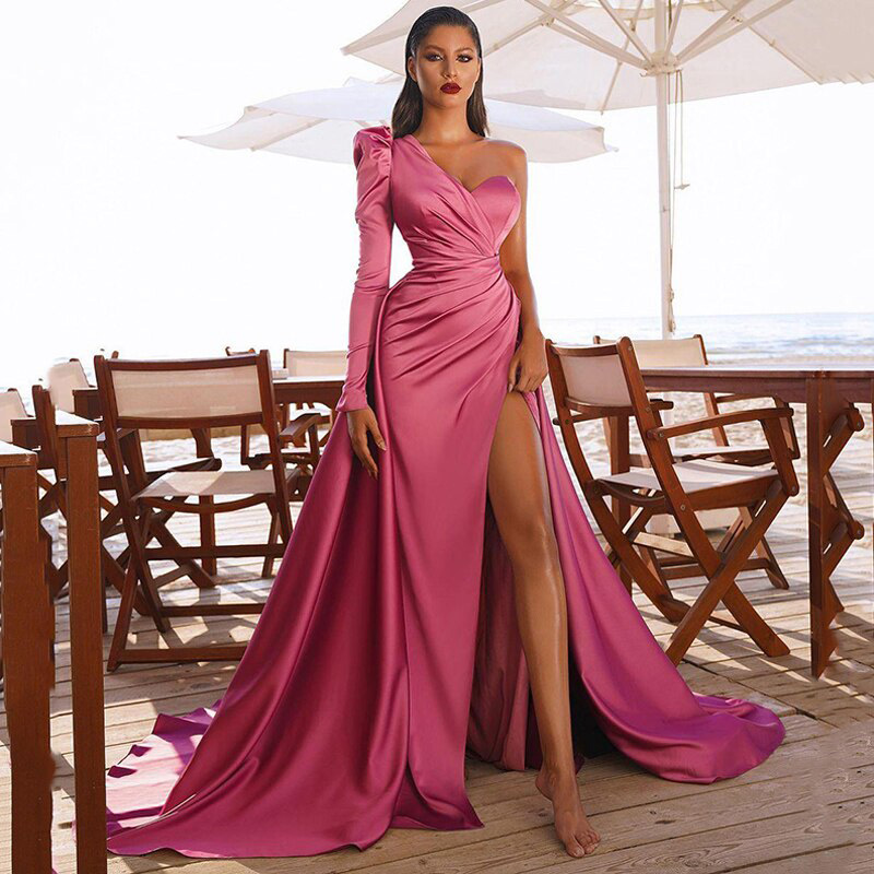 Eightree Mermaid Side Split Prom Dresses With Detachable Train One Shoulder Long Sleeves Evening Gown Satin Pleated Formal Dress