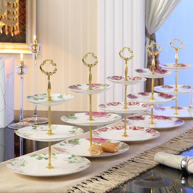 Pastoral Bone China Triple Decker Plates Fruit Dishes Cake Plate Candy Dish Ceramic Tray Porcelain Tableware Decoration Dropship