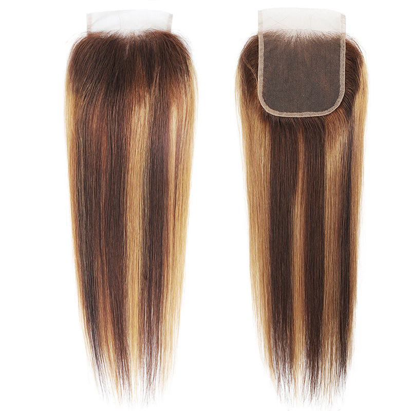 Allove Highlight Lace Closure Straight Hair Free Part 4X4 Lace Closure Non-Remybrazilian Brown Human Hair Swiss Lace Closure 1Pc