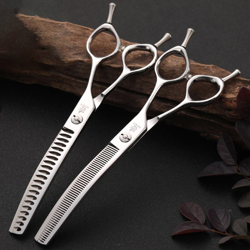 Fenice 7.0/7.5 inch Professional Dog Grooming Shears Curved Thinning Scissors for Dog Face Body Cutiing JP 440C High Quality