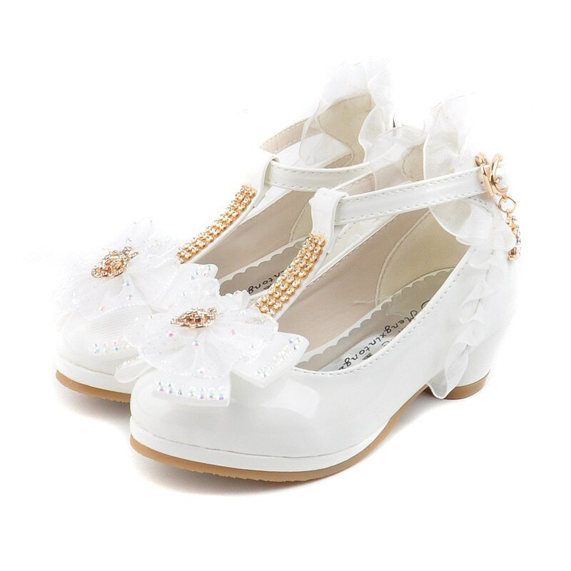 ULKNN Children Party Leather Shoes Girls PU Low Heel Lace Flower Kids Shoes For Girls Single Shoes Dance Dress shoe White Pink