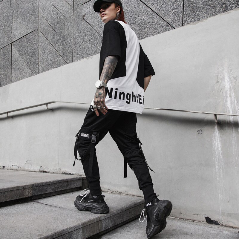New Black Cargo Pants Hip Hop Joggers Men Loose Harem Pants Multi-pocket Ribbon Trousers Casual Streetwear Sport Pants for Men