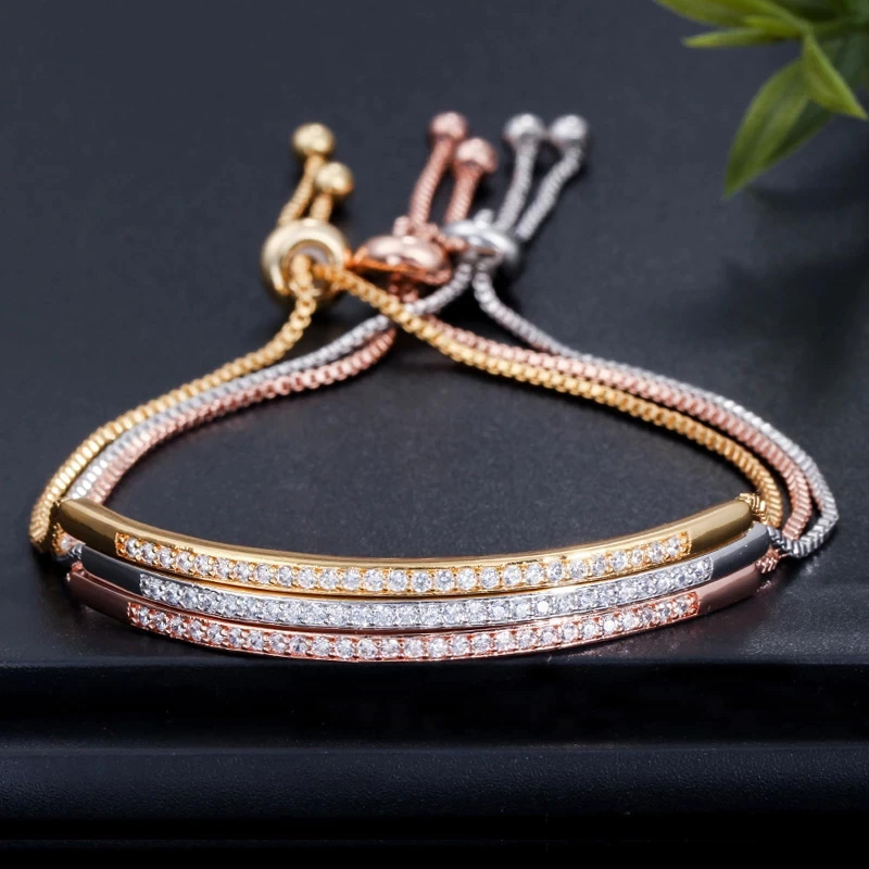 CWWZircons Adjustable Bracelet Bangle for Women Captivate Bar Slider Brilliant CZ Rose Gold Color Jewelry Pulseira Feminia CB089
